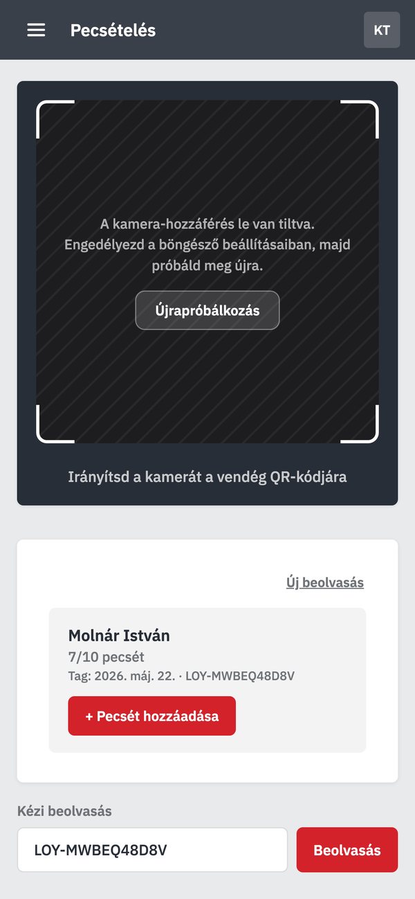 A Pecsételés képernyő telefonon: a beolvasott vendég neve, 7/10 pecsét és a Pecsét hozzáadása gomb