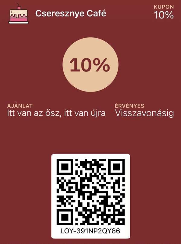 Cseresznye Café kuponja az Apple Wallet tárcájában